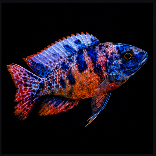 Strawberry hybrid — hybrid African cichlid photographed against black backdrop.