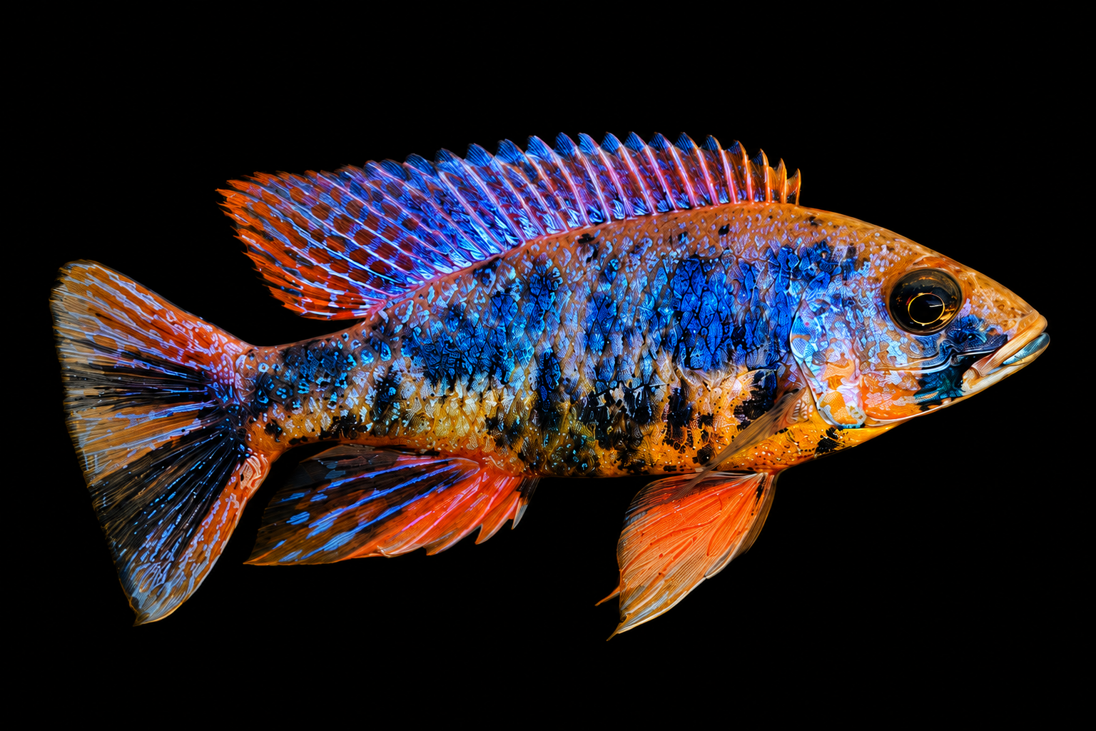Brilliant blue and orange Lake Malawi Haplochromis cichlid
