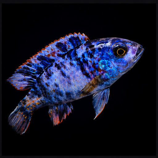Blue ice cross — hybrid African cichlid photographed against black backdrop.